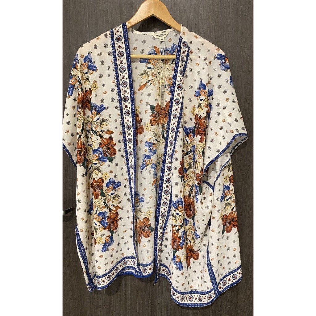 Max Studio London Women's Kimono Size Xs Oversized Open Front Floral White Blue